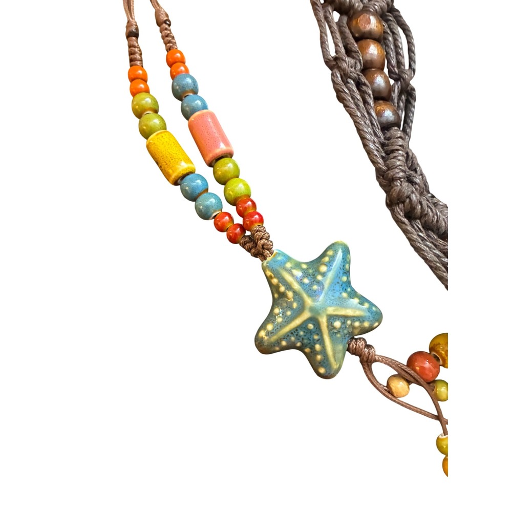 Boho Macrame Belt Brown Woven Wood Bead Ceramic Starfish Coastal Festival Tie